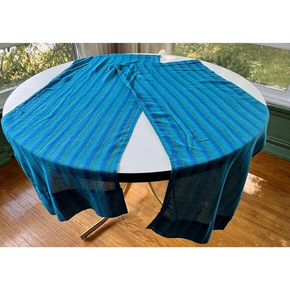 Vintage 70s curtains, peacock blue green stripes, pair of panels - Picture 3 of 7